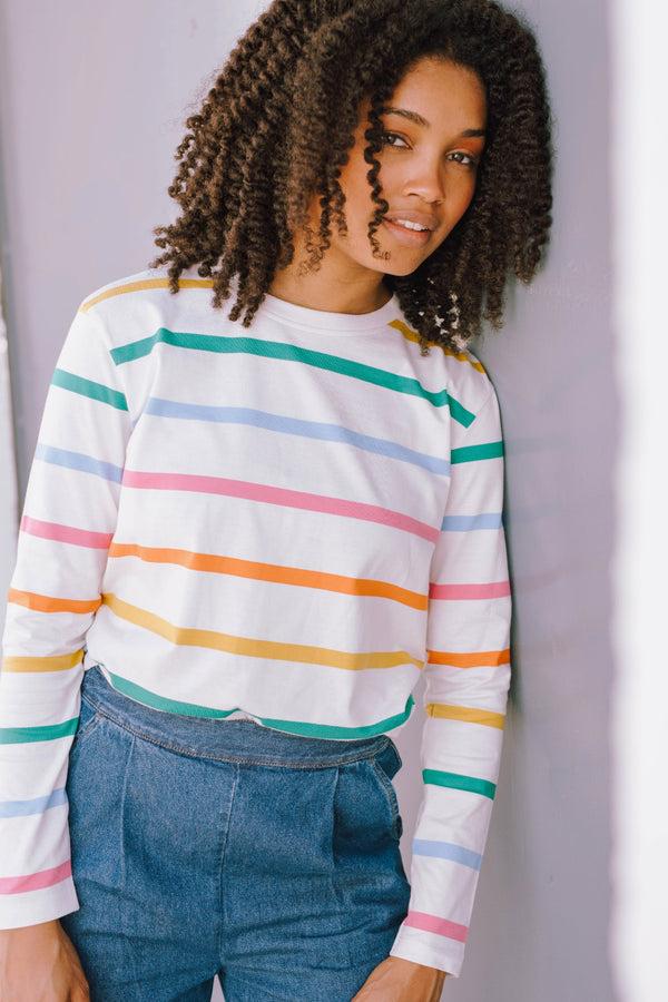 Sugarhill Brighton Brunswick Jersey Top - Off-White Rainbow Stripe