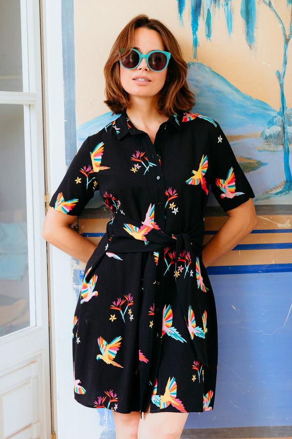 sugarhill brighton Dessie Mini Shirt Dress - Black Tropical Parrots sugarhill brighton Dessie Mini Shirt Dress - Black Tropical Parrots