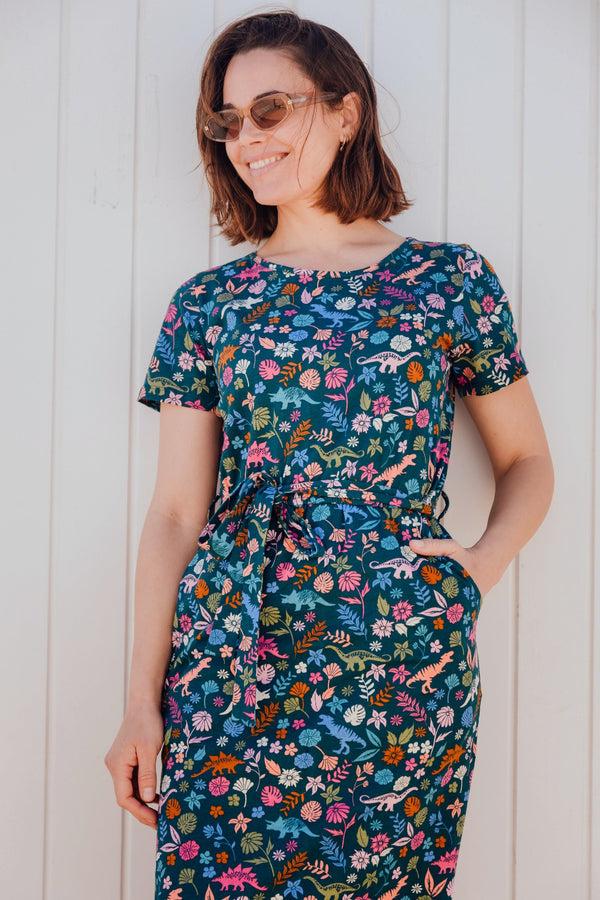 Sugarhill Brighton Flissy Jersey Midi Dress - Teal/Multi Hidden Dinosaur
