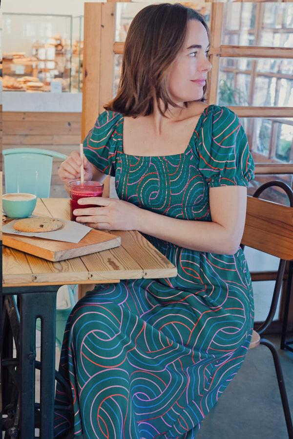 Sugarhill Brighton Jolene Shirred Midi Dress - Green Concentric Circles