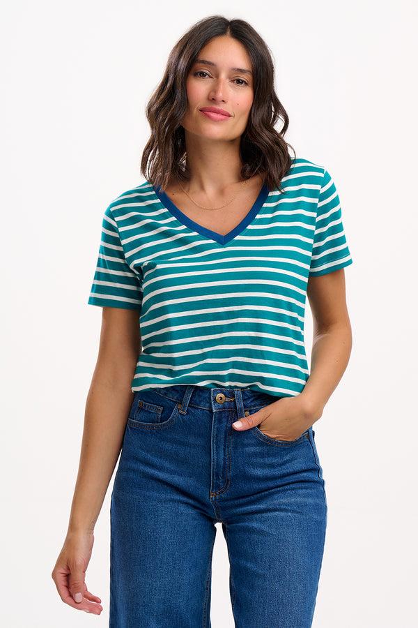 sugarhill brighton Khloe V-Neck T-Shirt - Green/Off White SHB Flower