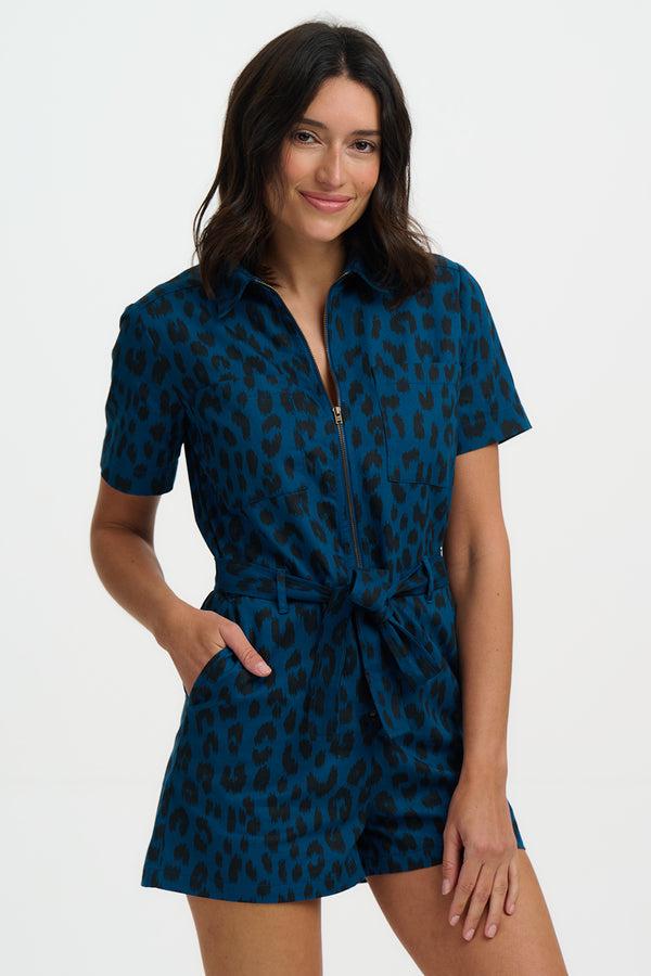 sugarhill brighton Logan Playsuit - Petrol Navy Ikat Leopard
