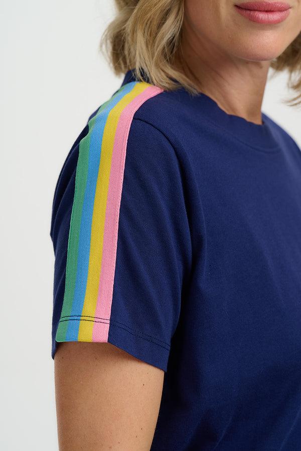 sugarhill brighton Macy T-Shirt - Navy Acid Rainbow Taping