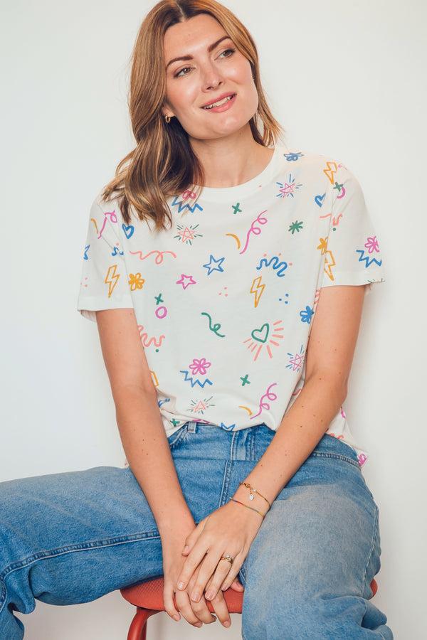 Sugarhill Brighton Maggie T-shirt - Off-White/Orange Stripy Parrot