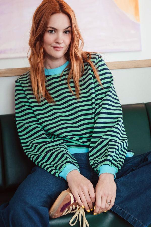 sugarhill brighton Mindy Blouson Sleeve Sweatshirt - Navy/Green Stripe Contrast Rib