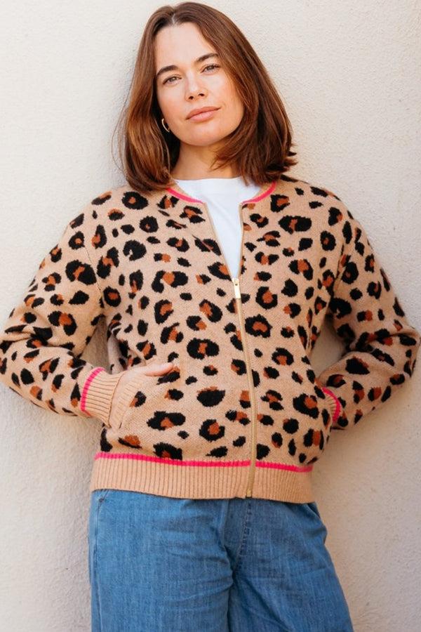 Sugarhill Brighton Solana Knitted Bomber - Tan/Black Natural Leopard