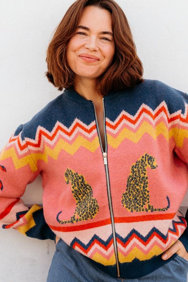 Sugarhill Brighton Solana Knitted Bomber - Tan/Black Natural Leopard