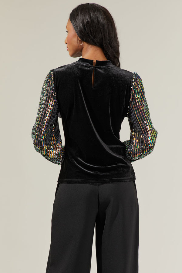Sugarlips Abby Velvet Mock Neck Sequin Balloon Sleeve Blouse