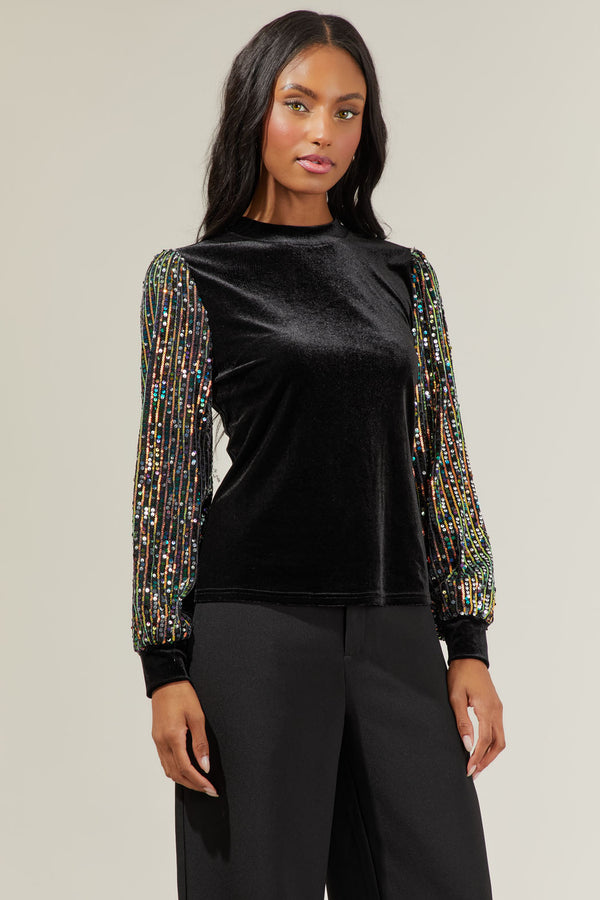 Sugarlips Abby Velvet Mock Neck Sequin Balloon Sleeve Blouse