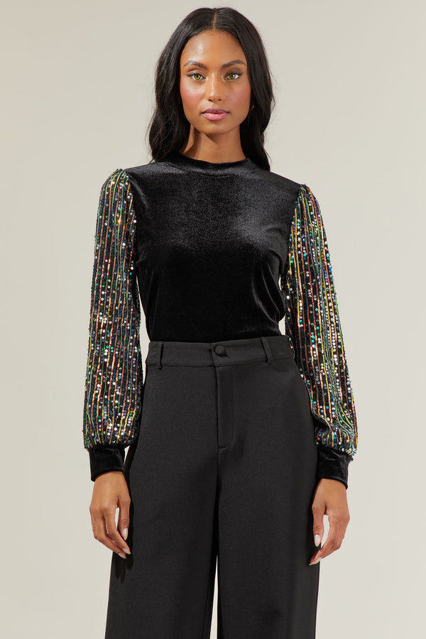 sugarlips Abby Velvet Mock Neck Sequin Balloon Sleeve Blouse