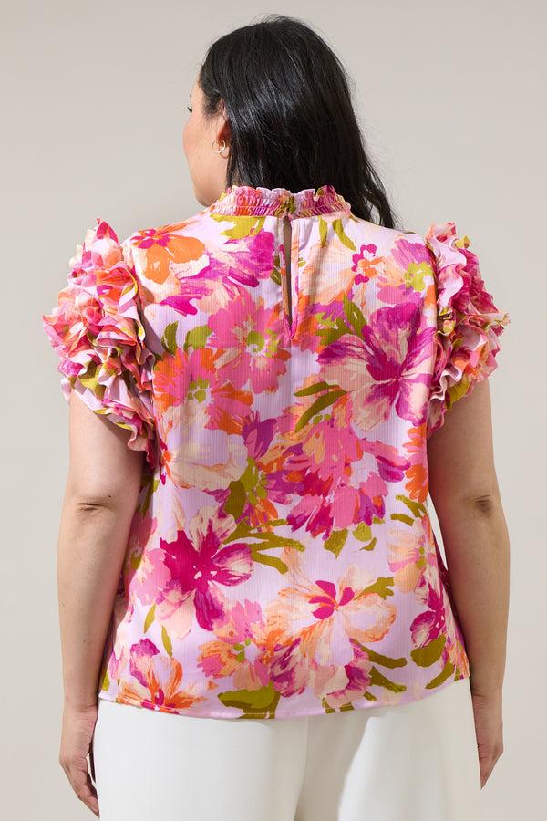 Sugarlips Abigal Floral Brenna Mock Neck Ruffle Blouse Curve