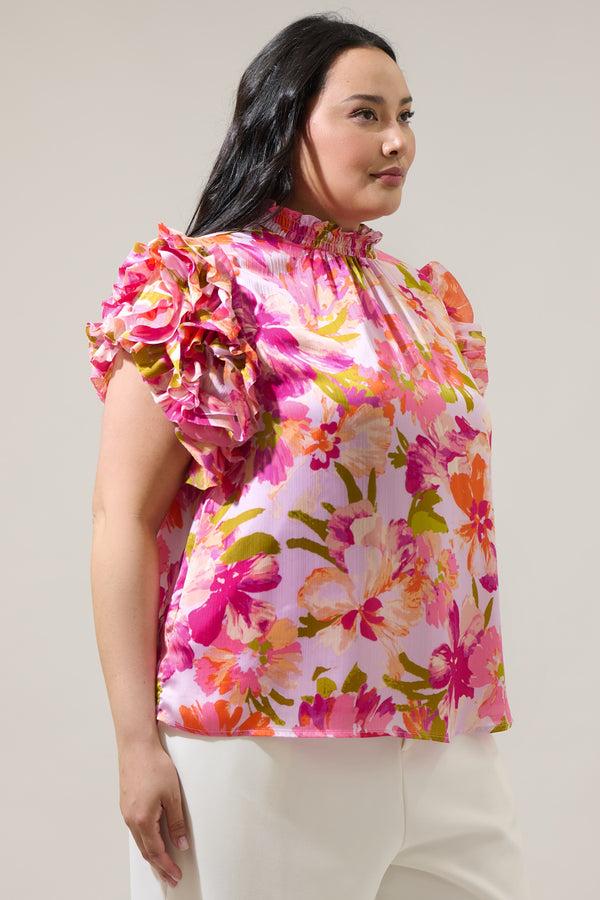 Sugarlips Abigal Floral Brenna Mock Neck Ruffle Blouse Curve