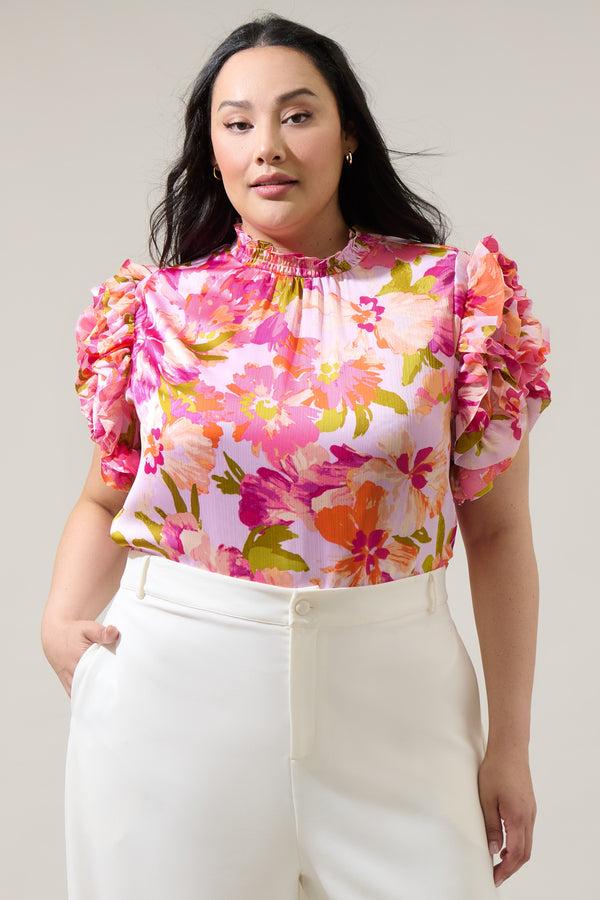 sugarlips Abigal Floral Brenna Mock Neck Ruffle Blouse Curve