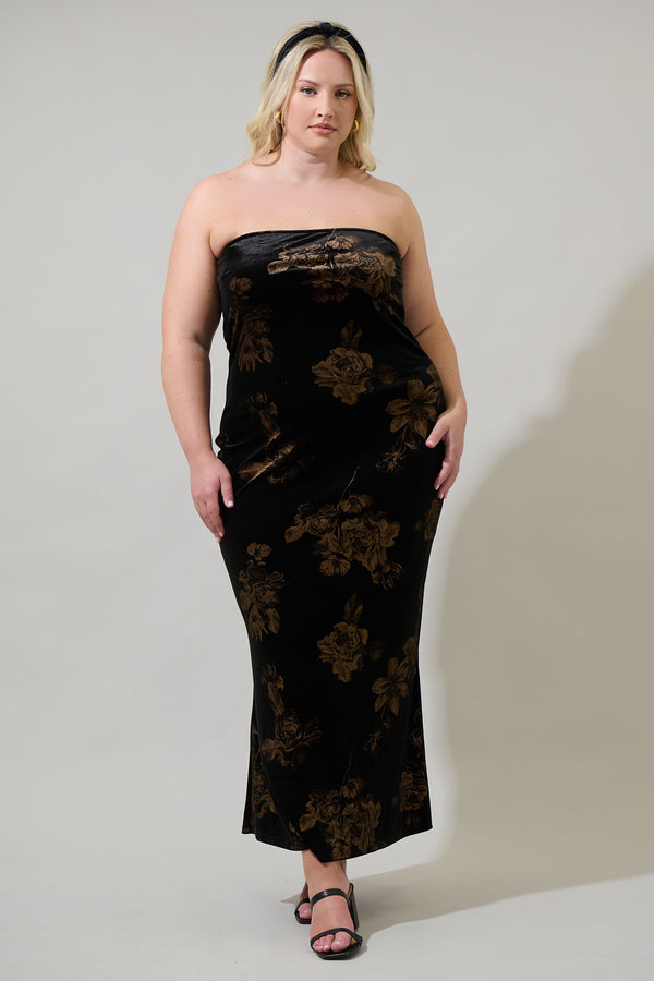 sugarlips Ace Floral Dynamite Velvet Strapless Maxi Dress Curve