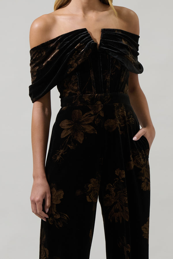 Sugarlips Ace Floral Love Velvet Off The Shoulder Jumpsuit