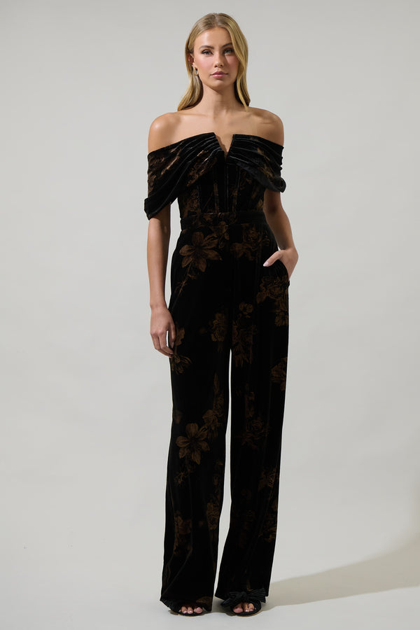sugarlips Ace Floral Love Velvet Off the Shoulder Jumpsuit