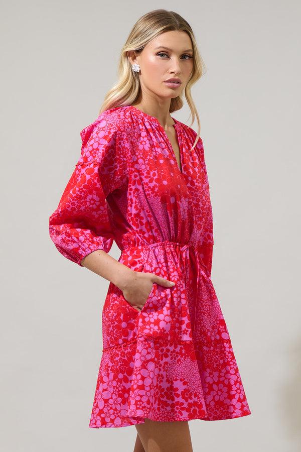 Sugarlips Addie Floral Dabria Split Neck Mini Dress