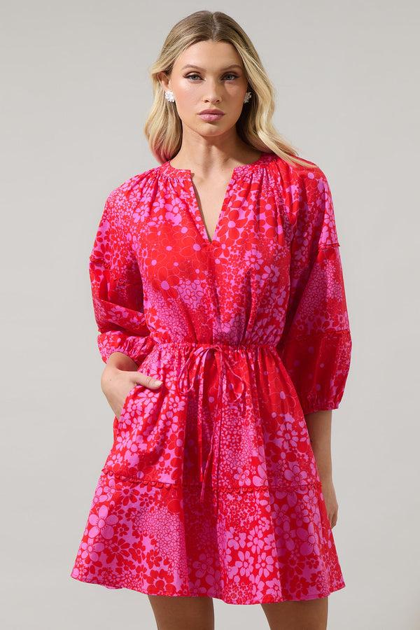 sugarlips Addie Floral Dabria Split Neck Mini Dress