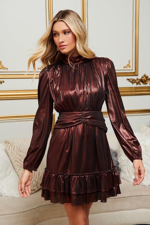 sugarlips Admired Liquid Satin Shirred Ruffle Dress