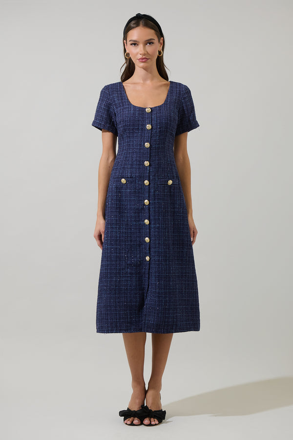 Sugarlips Adriella Tweed Hilaria Short Sleeve Midi Dress