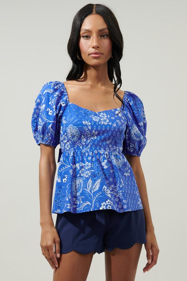 sugarlips Amaya Mixed Print Cirus Back Tie Peplum Top