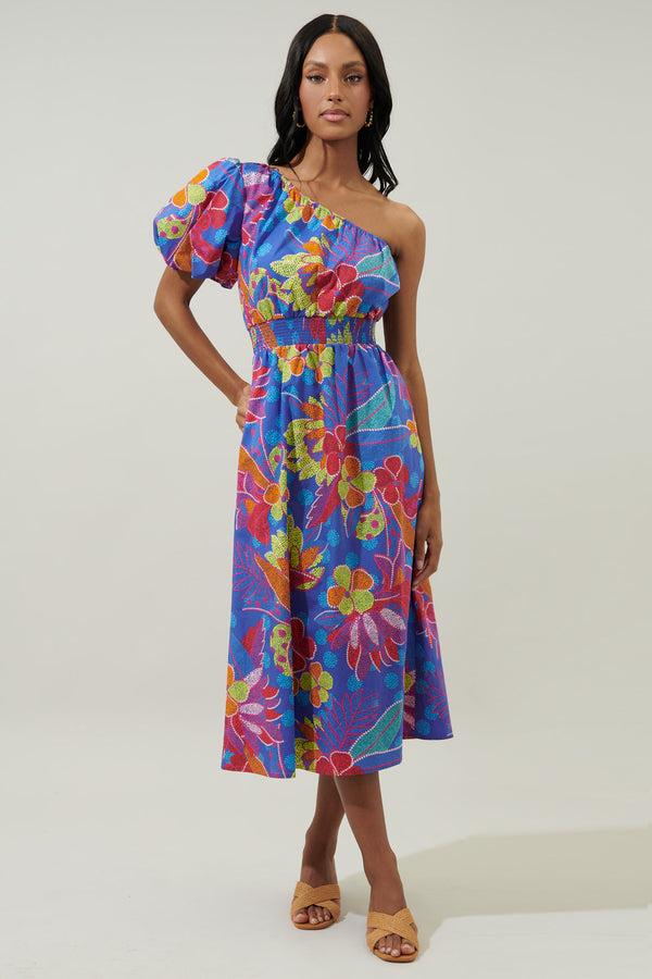 Sugarlips Amazonia Blue Bridgette One Shoulder Midi Dress