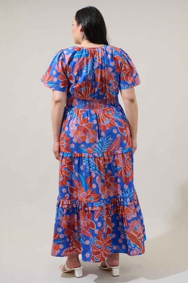 Sugarlips Amazonia Blue Floral Palmer Poplin Tiered Maxi Dress Curve