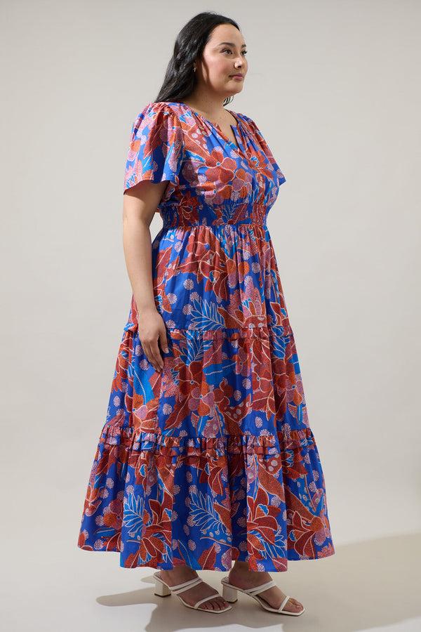 Sugarlips Amazonia Blue Floral Palmer Poplin Tiered Maxi Dress Curve