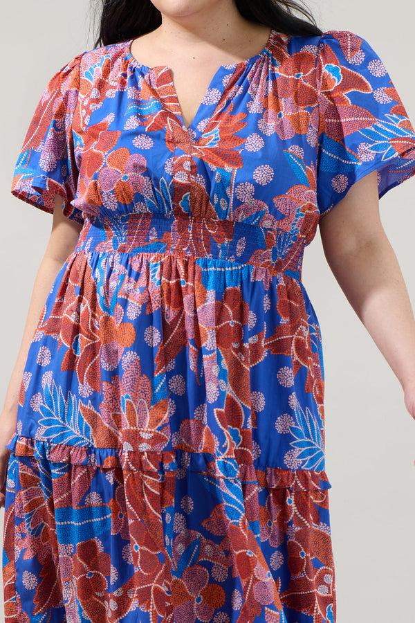 Sugarlips Amazonia Blue Floral Palmer Poplin Tiered Maxi Dress Curve
