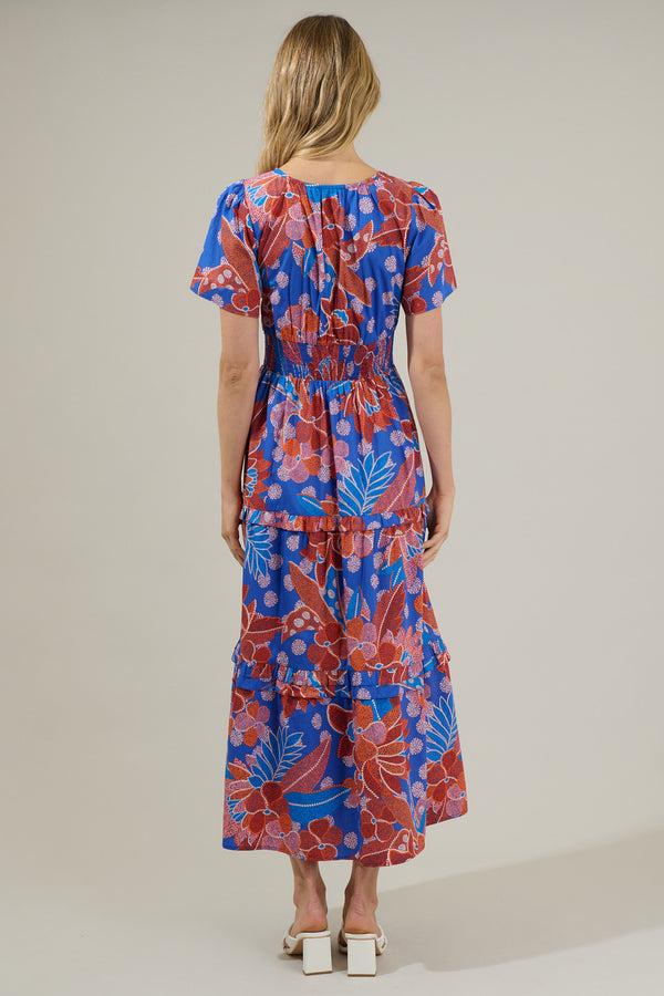 Sugarlips Amazonia Blue Floral Palmer Poplin Tiered Maxi Dress