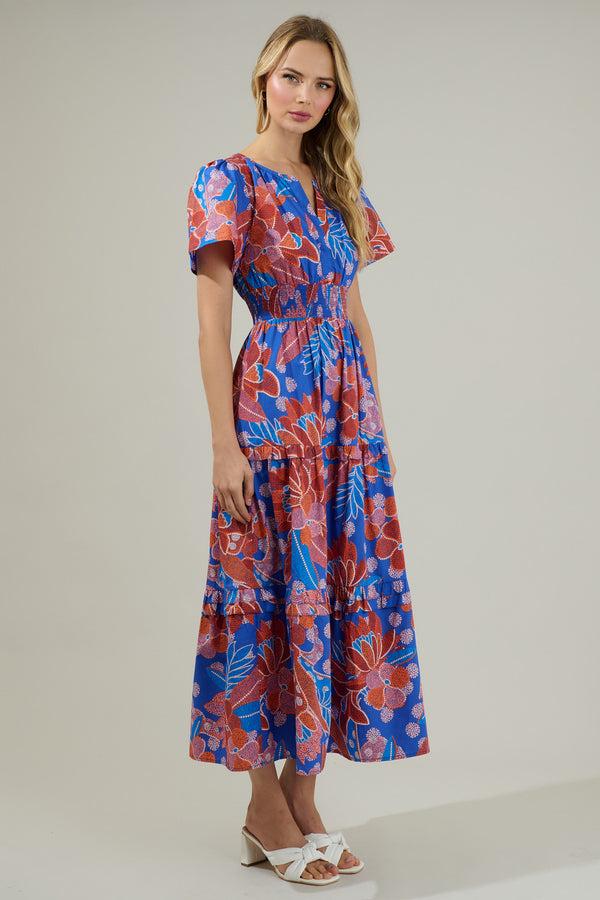 Sugarlips Amazonia Blue Floral Palmer Poplin Tiered Maxi Dress