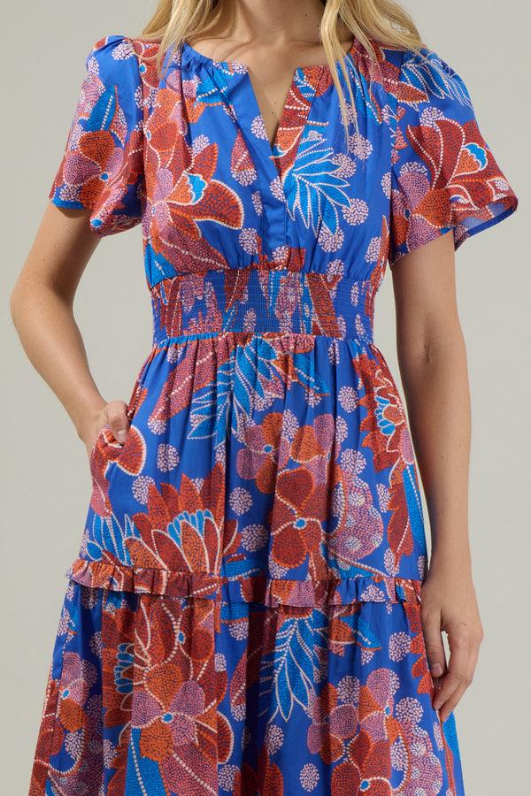 Sugarlips Amazonia Blue Floral Palmer Poplin Tiered Maxi Dress