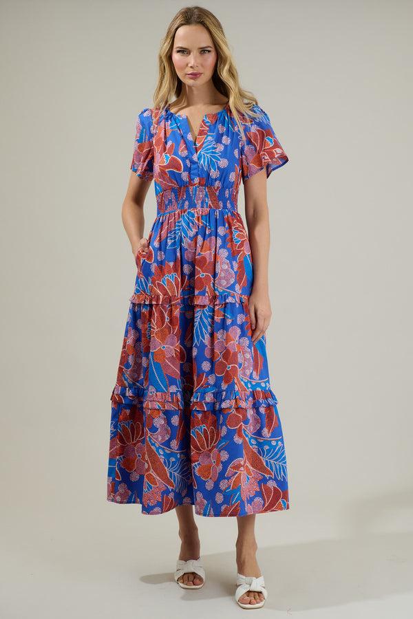 sugarlips Amazonia Blue Floral Palmer Poplin Tiered Maxi Dress