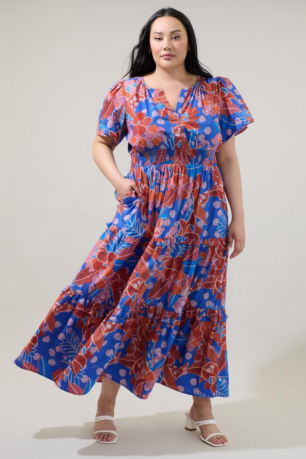 sugarlips Amazonia Blue Floral Palmer Poplin Tiered Maxi Dress Curve