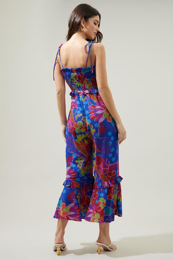 Sugarlips Amazonia Blue Jadora Smocked Tie Strap Cropped Jumpsuit
