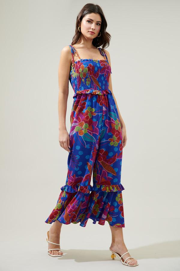 Sugarlips Amazonia Blue Jadora Smocked Tie Strap Cropped Jumpsuit