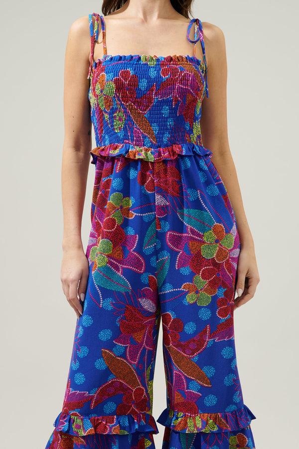 Sugarlips Amazonia Blue Jadora Smocked Tie Strap Cropped Jumpsuit