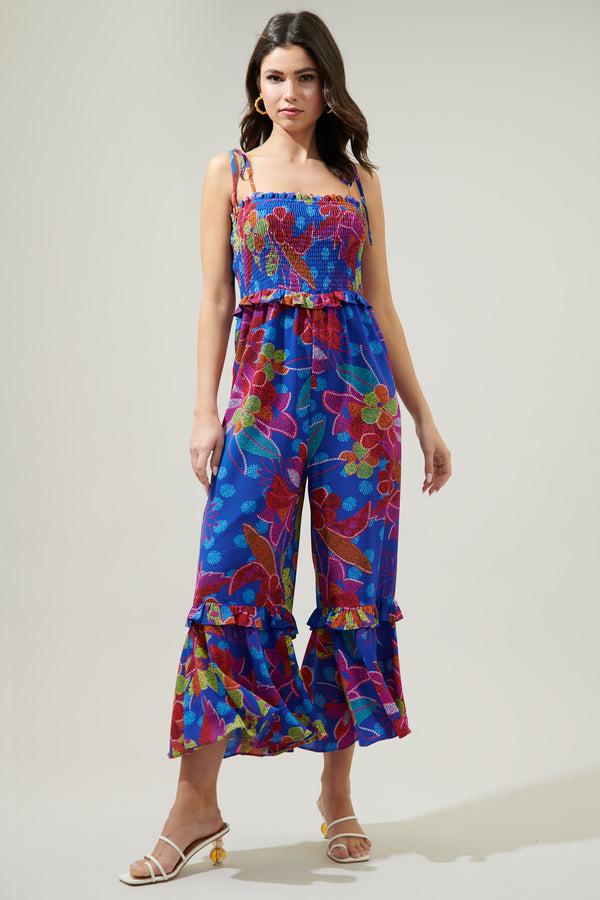 sugarlips Amazonia Blue Jadora Smocked Tie Strap Cropped Jumpsuit