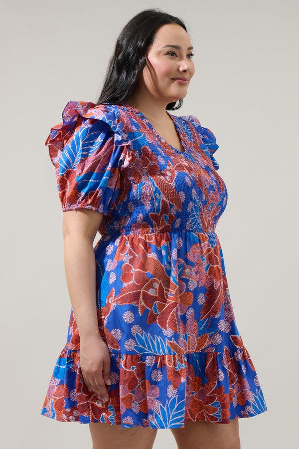 Sugarlips Amazonia Blue Leones Smocked Mini Dress Curve
