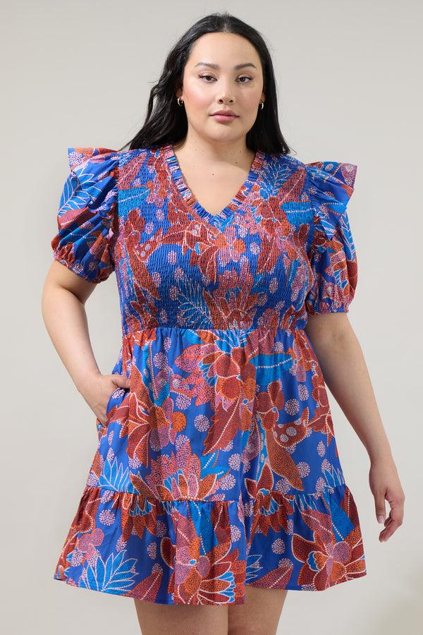 sugarlips Amazonia Blue Leones Smocked Mini Dress Curve