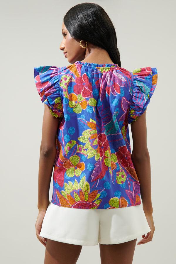 Sugarlips Amazonia Blue Risette Ruffle Cap Sleeve Split Neck Top