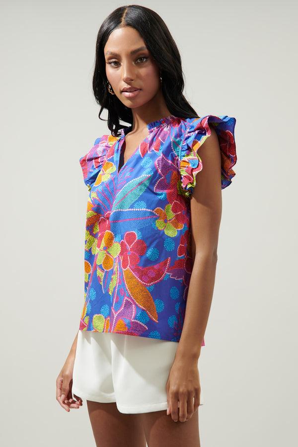 Sugarlips Amazonia Blue Risette Ruffle Cap Sleeve Split Neck Top