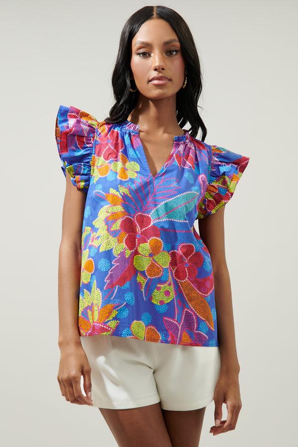 sugarlips Amazonia Blue Risette Ruffle Cap Sleeve Split Neck Top