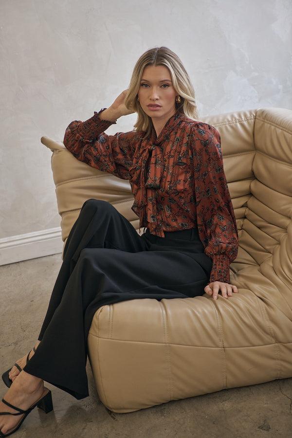 sugarlips Aminy Floral Etienne Tie Neck Long Sleeve Blouse