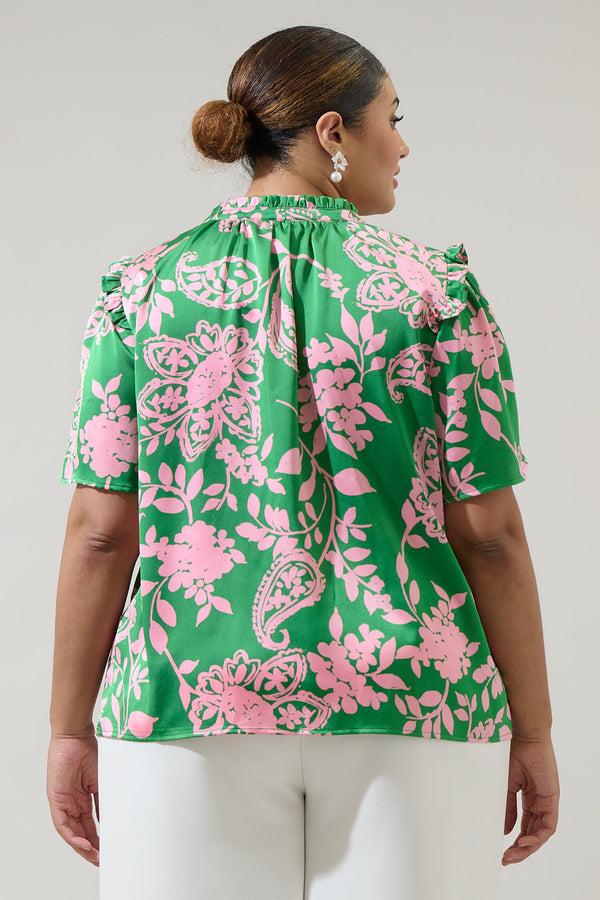 Sugarlips Anela Floral Mei Split Neck Satin Top Curve