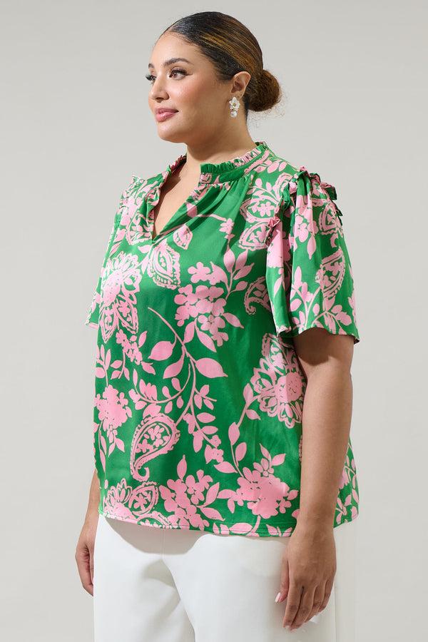 Sugarlips Anela Floral Mei Split Neck Satin Top Curve