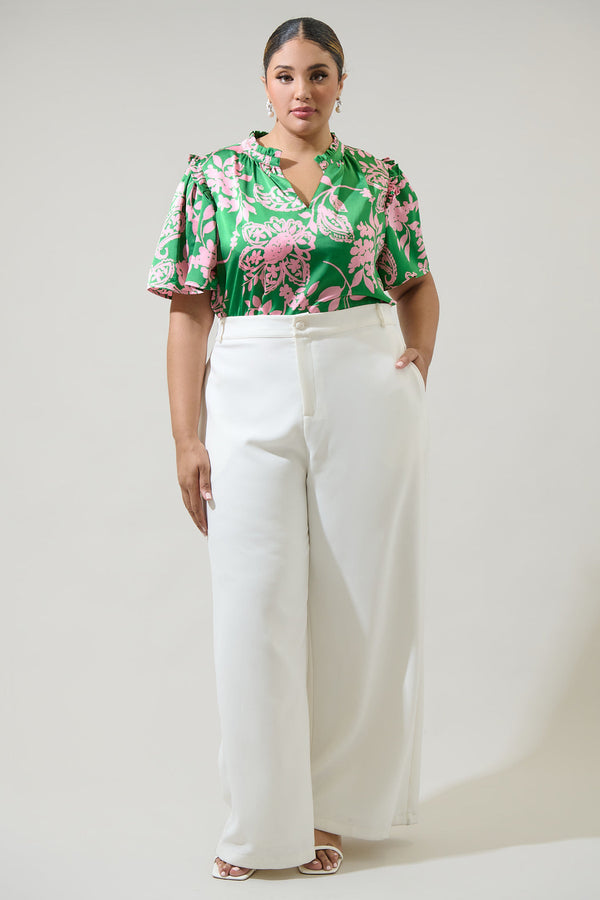 Sugarlips Anela Floral Mei Split Neck Satin Top Curve