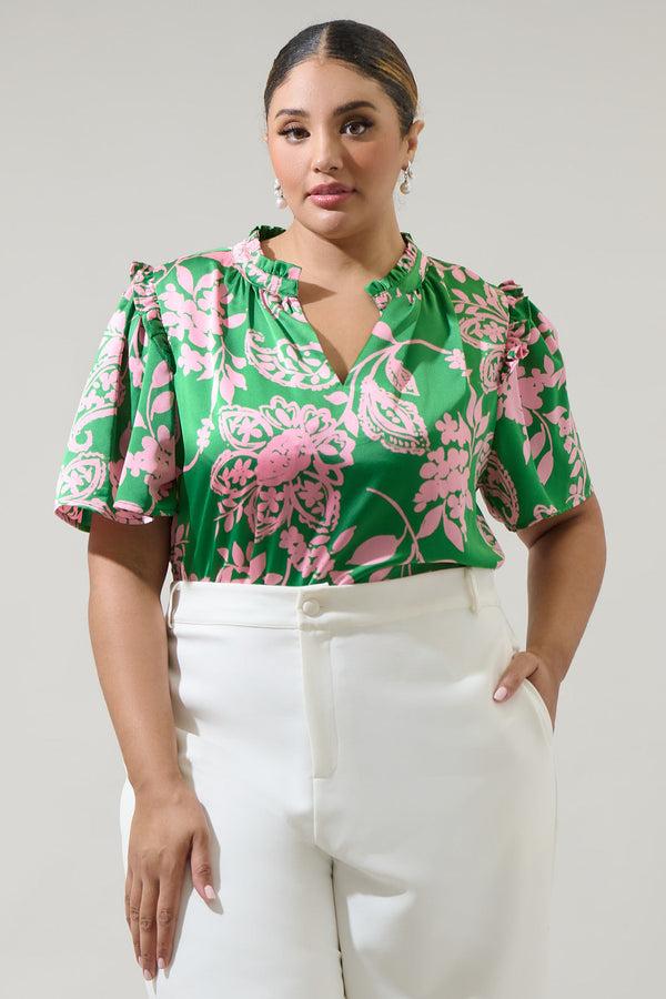 sugarlips Anela Floral Mei Split Neck Satin Top Curve