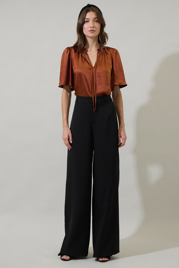 Sugarlips Angela Satin Tie Neck Flutter Sleeve Blouse