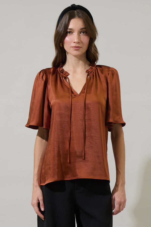 Sugarlips Angela Satin Tie Neck Flutter Sleeve Blouse